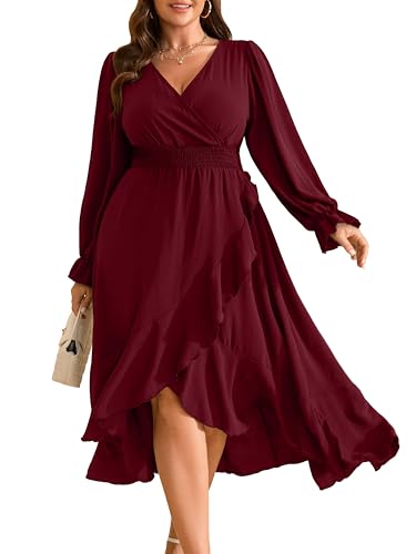 Image of RWJ Women's Plus Size Wedding Guest Maxi Dress Wrap V Neck Long Sleeve High Low Ruffle Cocktail Fall Dresses
