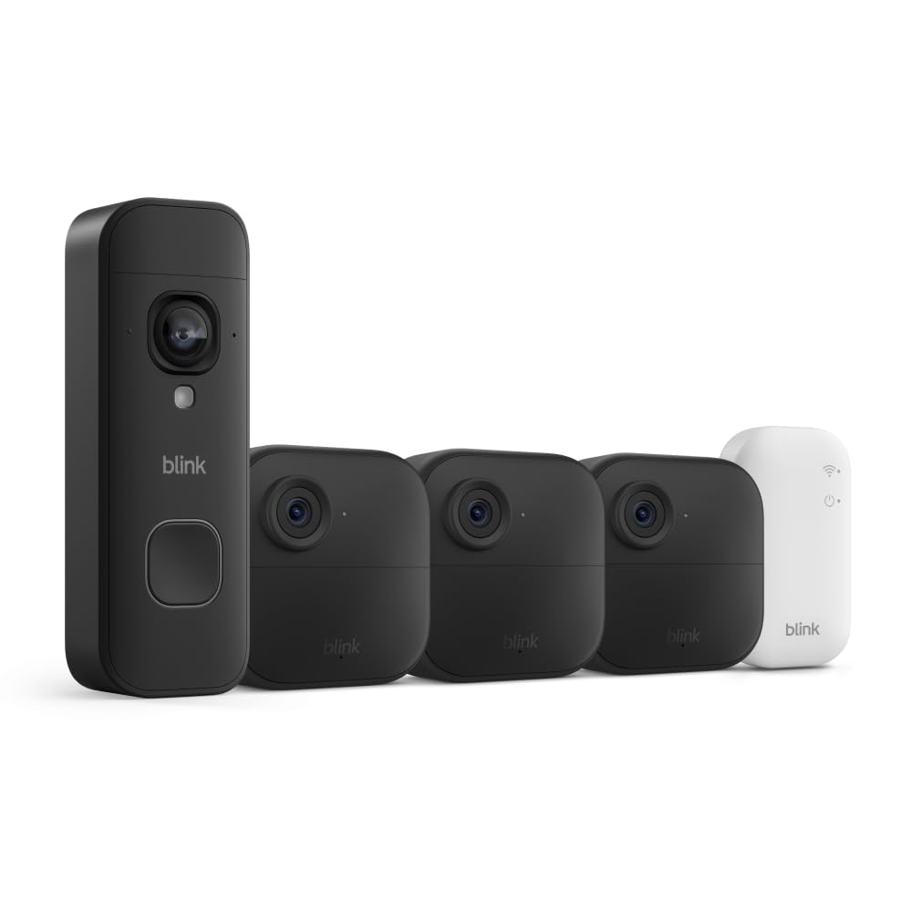 Blink Outdoor 4 and Battery Doorbell 2K+ (newest model) - Two-year battery 1080p cameras and 2K battery doorbell. Sync Module Core included - 3 Cameras + Doorbell (Black)
