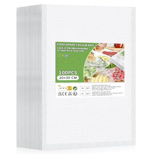 Oderra 100 Piezas Bolsas Vacio Alimentos 20x30 CM Bolsas Envasar al Vacio Alimentos, Bolsas Envasar al Vacio para Sellar y Conservar Alimentos, Apto para Máquinas de Vacío de Alimentos