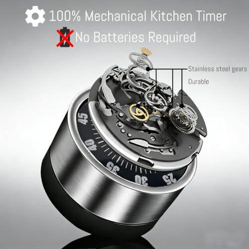 Image of Bramani 60‑Minute Mechanical Kitchen Timer - Magnetic Stainless‑Steel Visual Countdown Clock with Loud Alarm, Battery‑Free Wind‑Up Design - Perfect for Cooking, Study, Office & Classroom (White)