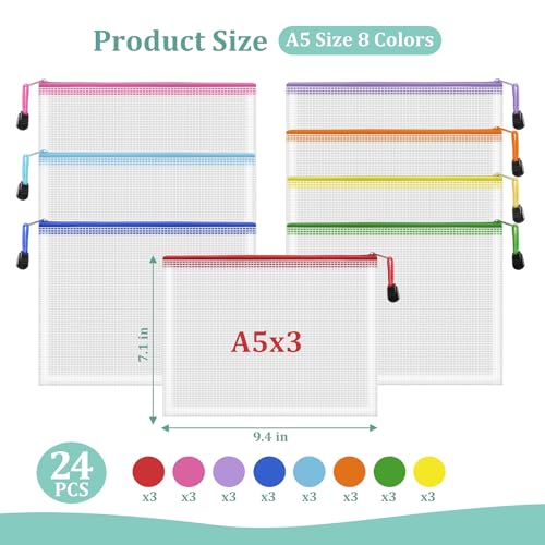 Image of 24pcs Mesh Zipper Pouch Bags Small, A5 9.4x7.1 Inches, 8 Colors Zipper Pouches for Classroom, Organizing Bags for Home, Office and Puzzle Storage