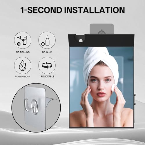 Image of Wall Mount Anti Fog Mirror for Shower,Large Black Mirror for Bathroom,Hot Water Powered Defogging Shower Mirrors for Shaving for Women Makeup,Heated Makeup Mirror Hanging with Hook