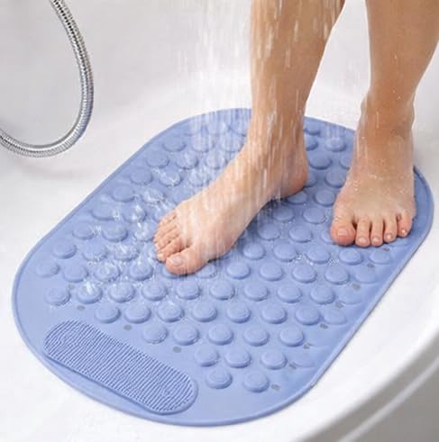 Image of Homecloud Anti Skid Mat for Bathroom Floor Shower mats for Bathroom Anti Slip with Foot Scrubber Bath mat Anti Slip with Suction Cups & Drain Holes (69x35 Cm)(Oval Blue)