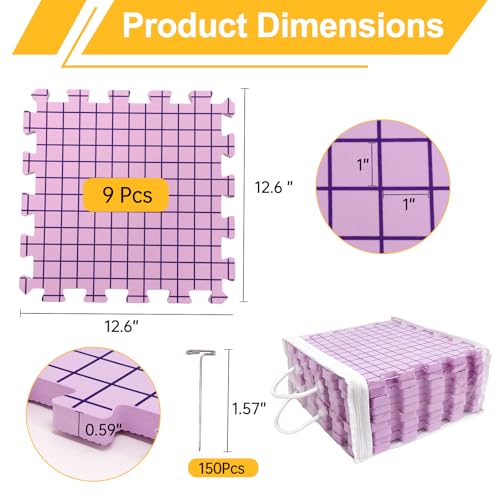 hismocal 9 Pcs Blocking Mats for Knitting & Crochet Projects Crochet Blocking Board, 150 T-Pins and 1 Storage Bag, Blocking Board for Crocheting Knitting Blocking Mats and Pins (Pink)