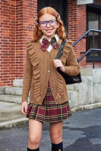 Image of Arshiner Girls Cardigan Sweaters Ruffle School Uniform Sweater V Neck Button Front Outerwear 4-13 Years