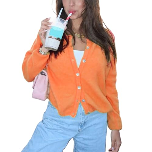 Image of Women Button Down Cardigan Long Sleeve Crewneck Sweater Vintage Lightweight Knit Jacket Fall Going Out Top