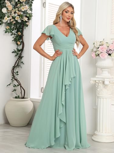 Bridesmaid Dresses Chiffon Wedding Guest Dresses for Women Floor Length V-Neck Ruffle Sleeves Ruched Formal Dress4