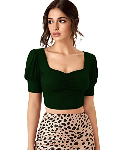 Image of Istyle Can Sweetheart Neck Ruched Front Puff Sleeve /Half Sleeve Streachable Solid /Plain Slim Fit Crop top for Women | Women's Slim FIT Crop TOP | Tops for Women