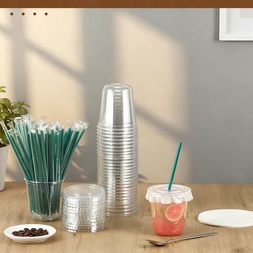50 Sets Clear Plastic Cups with Lids, Straws, and Paper Cap Liners - image 2