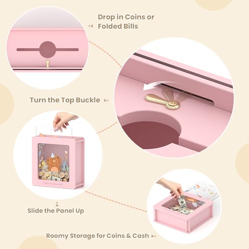 Image of Summidate Wooden Piggy Bank for Kids Girls, Money Savings Bank with Clear Removable Windows and DIY Stickers, Kids Visual Cash Vault Box for Teens, Birthday