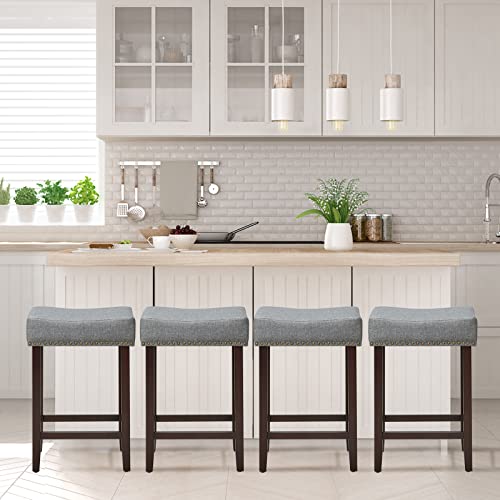 ERGOMASTER Counter Height Bar Stools Set of 4 Backless Fabric Barstools 24-Inch Modern Wood Saddle Bar Stools with Nailhead Trim for Kitchen Island Counter Table - Grey/Brown,4-Pack