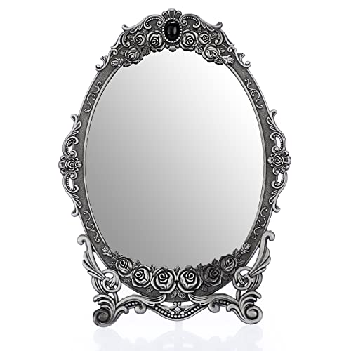 JuxYes Vintage Cosmetic Mirror with Stand, Antique Decorative Tabletop Makeup Mirror with Metal Frame, Retro Vanity Desktop Oval Dressing Mirror for Bathroom Bedroom