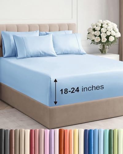 Extra Deep Full Sheet Set - 6 Piece Breathable and Cooling Sheets - Hotel Luxury Bedding for Women, Men, Kids & Teens - Easy & Secure Fit - Soft, Wrinkle Free & Comfy - Extra Deep Pockets - Light Blue