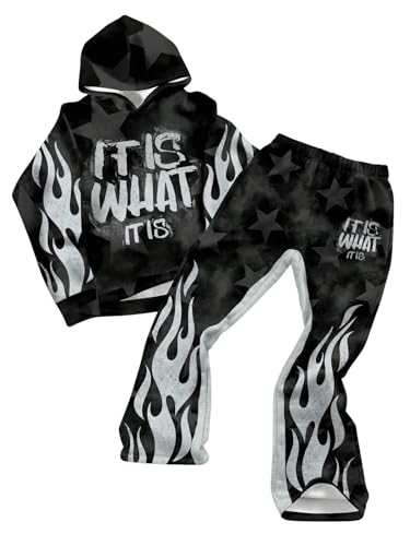 RoseSeek Boy's 2 Piece Sweatsuit Streetwear Letter Star Graphic Long Sleeve Hoodie and Long Sweatpants Sets Black 14 Years