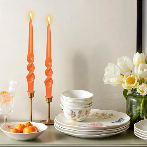 Image of Twisted Taper Candle Smokeless Orange Spiral Candlesticks 9.5 Inch Unscented Dinner Candles for Holiday Wedding Home Decoration 2 PCS
