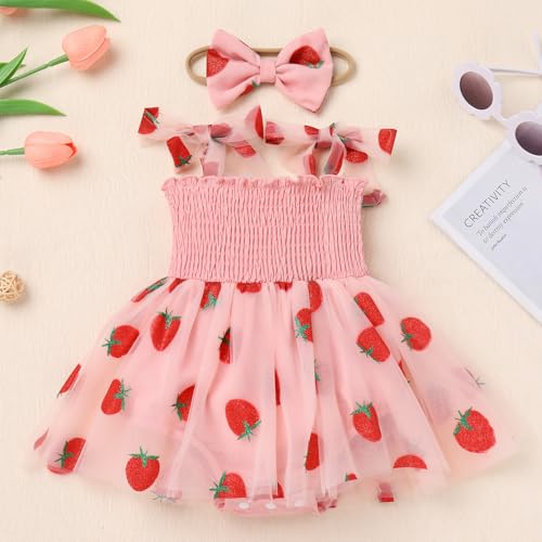 AWIBMK Baby Girls 1st Birthday Colorful Dots Daisy Strawberry Ruffle Romper Tulle Dress with Headband Cake Smash Outfit2