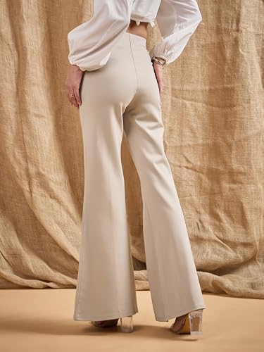 Image of Sassafras Women's Light Beige Front Button Flared Bell Bottom Pants-L