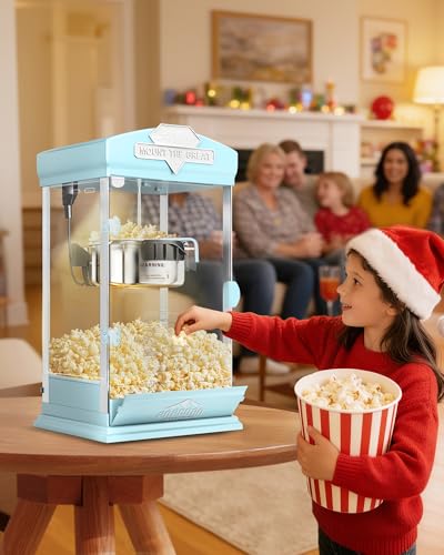 Image of 8 Oz Popcorn Machine, Movie Theater Style Pop Corn Machine Maker, 300 W, Table Top Popcorn Maker Machine Makes Up to 32 Cups, Popcorn Popper Machine with Stainless-Steel Kettle for Home Family, Cyan