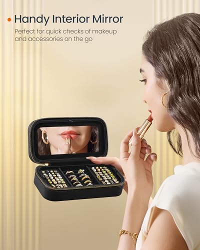 Image of SONGMICS HOME Travel Jewelry Case with Mirror, Stitching, Portable | Jewelry box organizer, 4.1 x 8 x 2.4 Inches, Gift Idea, Ink Black, UJBC180B01