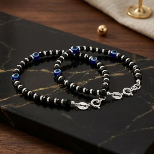 Image of Parnika (Formerly MJ 925 Traditional Silver & Black Crystals Baby Nazariya Kids Silver Bracelet in Pure 92.5 Sterling Silver for Kids - One pair