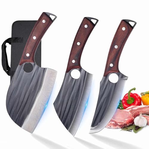 Xnarlath Butcher Chef Knife Set with Bag，High Carbon Steel Meat Cleaver for Meat Cutting Processing,Hand Forged Boning Carving Knife，Outdoor BBQ Camping Knife (3 Butcher knife)