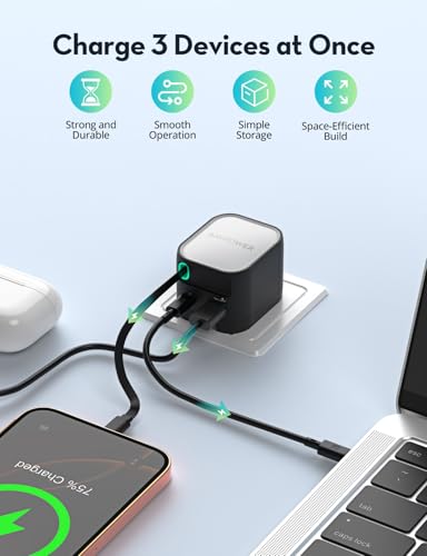 Image of RAVPower 65W GaN PD Fast Charger with Retractable Type-C Cable | 3-Port Wall Adapter (2 USB-C + 1 USB-A) | Foldable Pin Travel Charger for iPhone, Samsung, iPad, MacBook,Type C Laptop