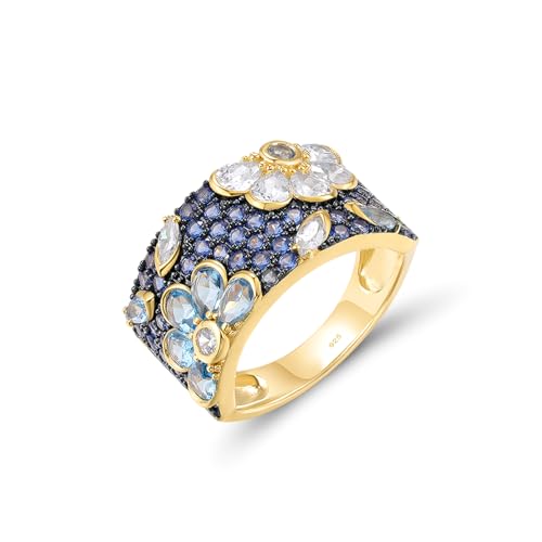 Santuzza Sterling Silver Blue & White Orchid Ring Blue Spinel Cubic Zirconia Gold Plated Flower Band Ring for Women (7)