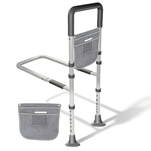 Aide Pour Se Lever Du Lit，Barre d'Appui De Lit Réglable Avec Poignée Antidérapante,Capacité De Charge De 150 Kg, Avec Sac De Rangement, Adaptée Pour Lit Très Grand,Grand,Double,Simple,Couleur Grise