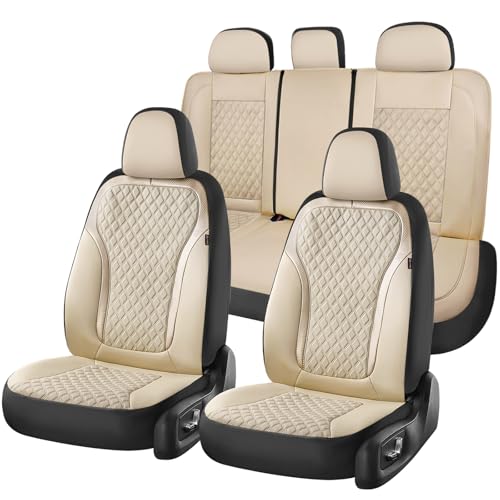 Image of Coverado Car Seat Covers Full Set, Beige Car Seat Covers, Luxury Leather Car Seat Cover with Carbon Fiber Textured Design, Spill-Proof Seat Cushions, Automotive Seat Cover Universal Fit Most Cars