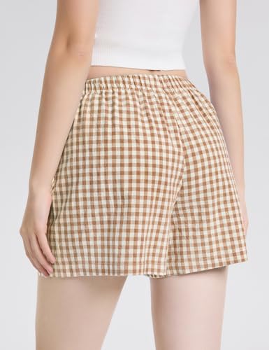 Image of LOMON Boxer Shorts for Women Summer Gingham Pajamas 2026 Lounge Sleep Pj Plaid Shorts Y2K Beach Bottoms with Pockets