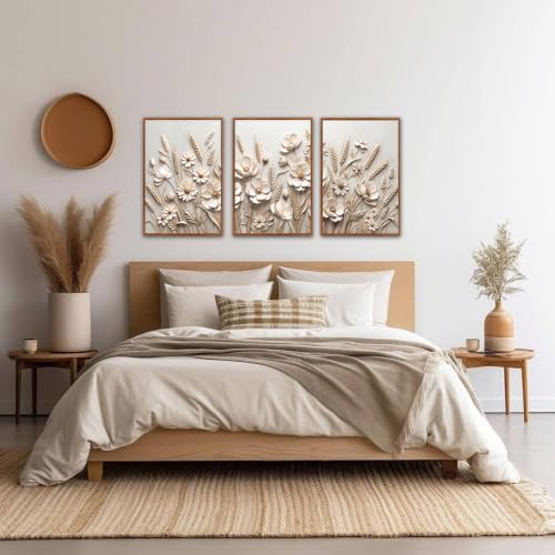 Image of CHDITB 3D Textured Wheat Floral Wall Art,Neutral Beige Farmhouse Wall Decor