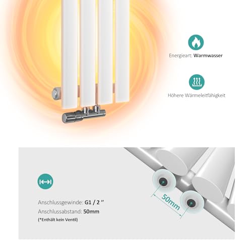 EMKE Heizkörper Klein 600x240mm, Oval Paneelheizkörper Mittelanschluss Vertikal Heizkörper Design Röhrenheizkörper Einlagig Weiß 177 Watt