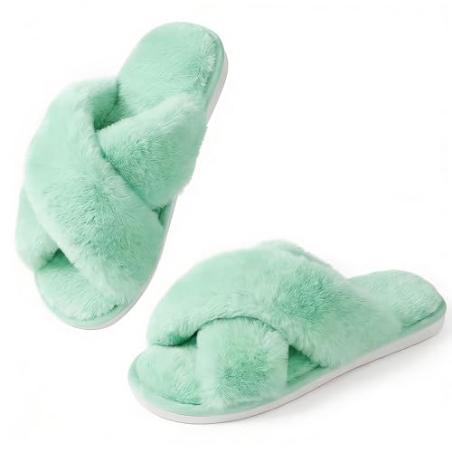 Image of Ankis Women's Fuzzy Slippers Cross Band Memory Foam Open Toe Comfy Soft House Shoes Anti-Slip Indoor Outdoor Gifts for Women