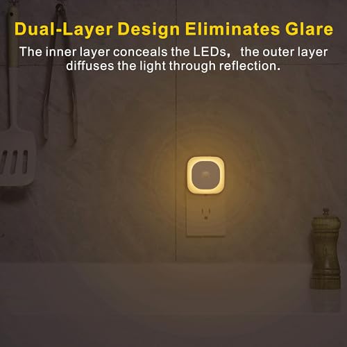 Image of YUNLEX 2 Pack Plug in Night Light with Motion Sensor & Dusk to Dawn Sensor, 3 in 1, Dimmable Reflected Light, Warm White Nightlight for Living Room, Bathroom, Hallway, Stairs