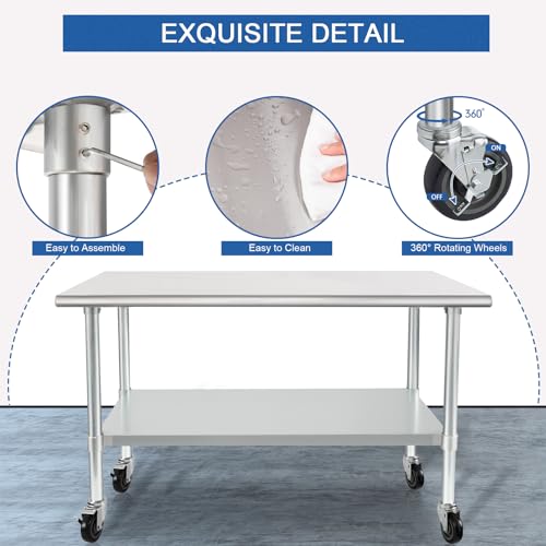 Image of HARDURA Stainless Steel Table with Wheels 30 x 48 Inches Casters NSF Heavy Duty Commercial Work & Prep Table with Undershelf and Galvanized Legs for Restaurant Kitchen Bar and Hotel Garage