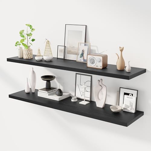 Image of Dreamland 55 inch Floating Shelves for Wall, 12 inch Deep Slim Black Floating Shelves, Wall-Mounted Shelves for Bedroom, Living Room, Kitchen, Bathroom - Set of 2