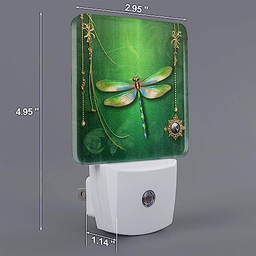 Image of Green Dragonfly Night Light Set of 2, Auto Sensor LED Dusk-to-Dawn Nightlights, Plug-in Sensor Lamp for Bedroom Bathroom Kitchen Hallway Stairs Decorative
