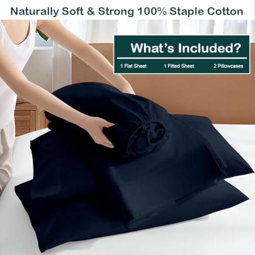 Image of NON Sticky cotton Premium 4 Piece Egyptian Cotton Fitted RV Short Queen 60 inch x 75 inch Sheet Set, Hotel Quality Bedding, Camper Sheets, 15 inch Deep Pocket, Navy Blue Solid