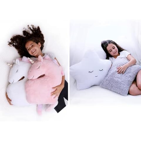 Perfectto Bundle – 4 Decorative Pillows for Girls – White Star and Furry Grey and Two Unicorn Pillows. Fluffy Faux Pillows, Fun Throw Pillows for Kid’s Bedroom Décor. Cover