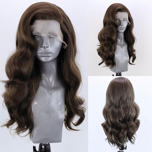 WXHWCX Brown Long Wavy Hair Synthetic Lace Front Wigs Glueless Natural Hairline Heat Resistant Fiber Hair Free Part Lace Wigs for Women Cosplay Daily Wig 24inch