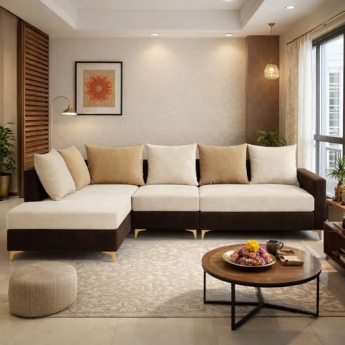 Image of FURNY Gloriss 6 Seater Fabric LHS L Shape Sofa Set with Multi-Color Beige Cushions (Cream-Dark Brown) Premium Velvet Finish with Golden Legs | Ideal for Living Room, Offices
