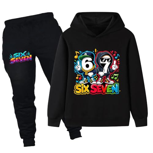 Girls Boys Tracksuit Set Six Seven Cartoon Number Hoodie and Jogger Pants Long Sleeve Pullover Sweatshirt for Kids Clothes Age 2-13 Black 140cm