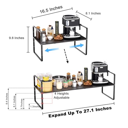 GEDLIRE Expandable Kitchen Cabinet Shelf Organizers 2 Pack, Stackable Metal Pantry Storage Shelves Rack, Adjustable Counter Shelf for Cabinets, Countertop, Cupboard Organizers and Storage, Black