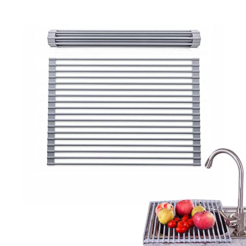 WSNDM Abtropfgestell für Küchenspüle, Zusammenklappbar, Aus Silikon, Edelstahl Aufrollbares Abtropfgestell, Spültuchhalter Organizer, Leicht Zu Reinigen, Zum Trocknen von Gemüse, Obst, Geschirr Cover