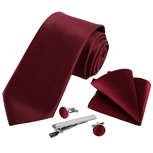 BLACKCUP 5 Stück Krawatten für Herren Set, Herren Krawatte und Einstecktuch Krawattennadel Manschettenknöpfe Set für Hochzeit Geschäft Formelle Krawatten (Burgunderrot) Cover