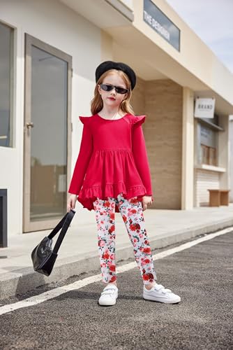 Image of Arshiner Toddler Girl Clothes Ruffle Trim Long Sleeve Pullover Top and Floral Print Leggings Fall Outfits Kids Clothing Sets