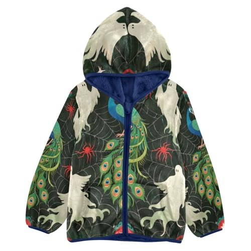 Peacock Ghosts Web Pattern Toddler Fleece Jacket Girl Boys Hooded Fleece Jacket Coat Warm Outwear Zip-up 3-10T
