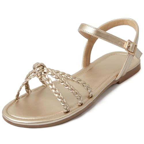 Image of iCKER Womens Braided Flat Sandals T‑Strap thong Elastic Stretch Ankle Strap