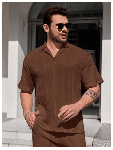 Image of Men's Premium Textured Co-Ord Set - Relaxed Fit Short Sleeve Shirt & Wide-Leg Trousers for Modern Casual Wear