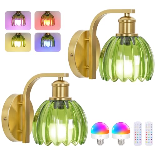 Rechargeable Battery Operated Wall Sconce Set of Two with Green Glass Lampshade, Wireless Battery...
